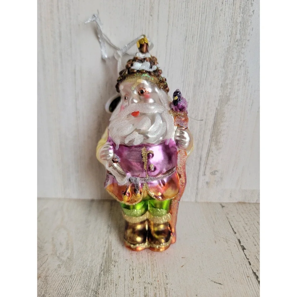 Vintage woodland Santa Claus blown glass glitter bird ornament Xmas unique